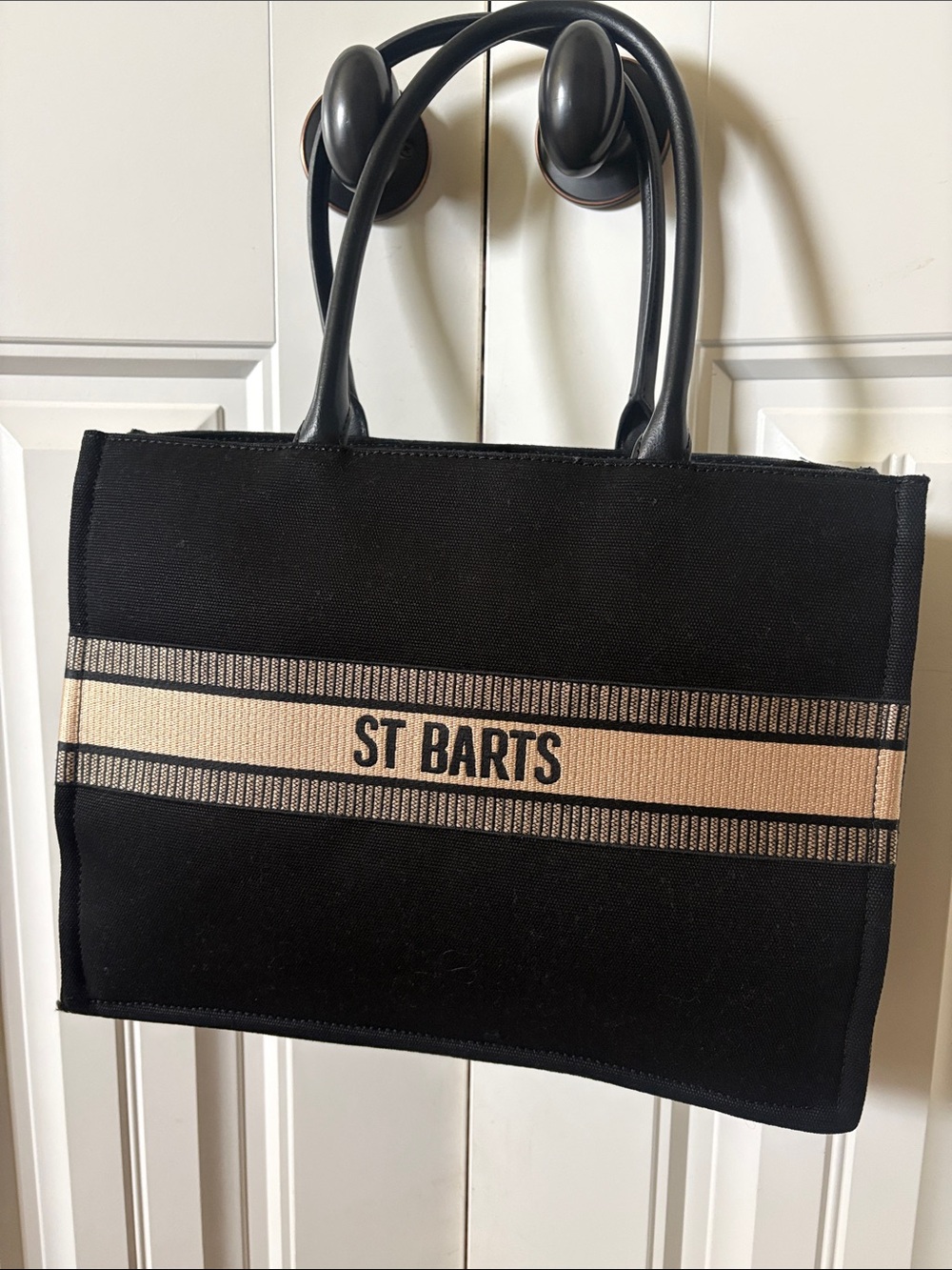 Steve Madden Black Tote with Beige Center Stripe